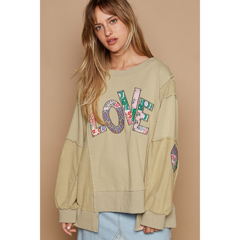 POL Olive Green LOVE Pullover | Heart Patch Boho Sweatshirt - Picture 5 of 6